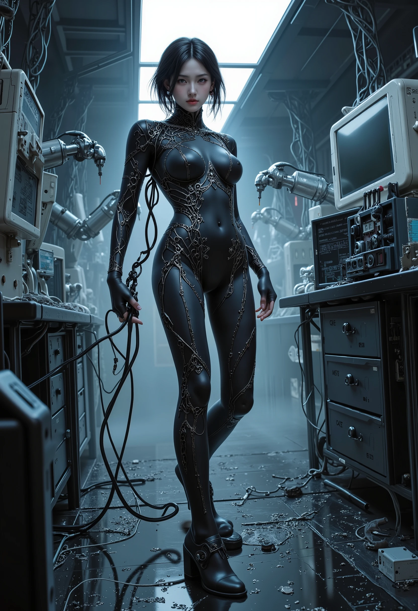 A girl of the European type of supermodel-sexy masterpiece of Transgenic anthropology, Network Technology , fusion of perfect body and future technology, girl standing in a dark laboratory,transforming humans in the middle of manipulators, latest-generation cables and systems, Transgenic anthropology, AI wants to blend in with her body,and surrendering her to herself
