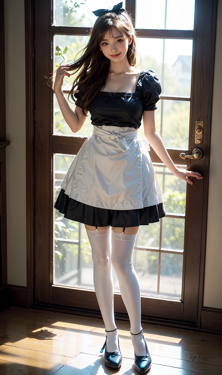 (Raw photo:1.2), (top-quality:1.2), high-definition RAW color photography, professional photograpy, Looking away, low angle shot, (Realistic:1.37), (photographrealistic:1.37), ((top-quality)), 25 year old woman, ciinematic light, (finerly detailed face:1.2), (top-quality:1.2), (Mole:0.9), Colossal tits, (Smile:1.1), hime-cut, Ribbed white panties, Crotch line, (Detailed Maid:1.2), Knee-length skirt, from behind, (8K:1.2), (masterpiece:1.2), (masterpiece:1.5)