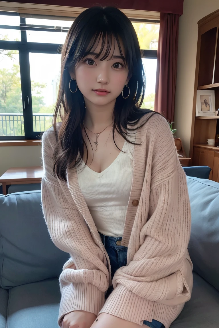 (Photoreal)、(Super high realism)、(ultra high resolution)、(Ultra high definition)、 (17 year old girl、small face、very young face, natural makeup)(fair skin、Smooth skin、realistic texture)(sparkling eyes)beautiful breasts、beautiful cleavage、thin waist、big ass、((cute smile))((Long ponytail))With bangs(((black wool short coat、Extremely short miniskirt made of denim)))brown hair(earrings)Stylish coffee shop((((Thighs look bold、inviting pose、sitting))))(((full body shot、Visible up to the ankles)))