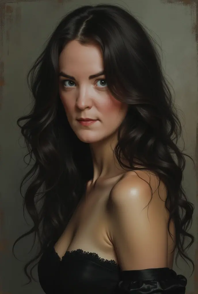 A delicate, oil painting picture portrays a nude beautiful woman, Agelina Jolie look, medium firm breasts, standing bare feet without background, her features rendered in subtle shading and precise lines. The framing is tight, focusing attention on the subject's serene face. Soft, feathery strokes convey the gentle texture of her hair,