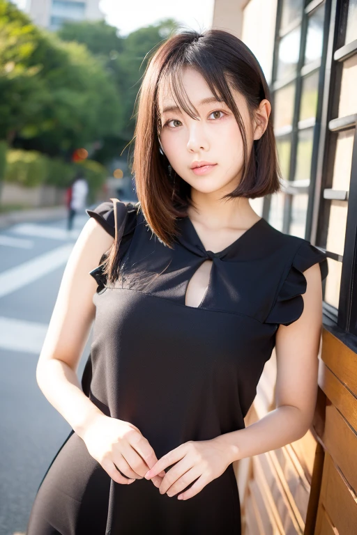 (Realistic: 1.4), (highest quality: 1.4), Ultra-high resolution, (fine grain),Full Body Shot,((Pose for gravure photography)),1. High school girl、Curly Hair、Curly Hair、(Straight bangs)、,1 girl, Tokyo, night, Cityscape, City lights, Black camisole,Black pleated skirt, smile, (8k, RAW Photos, highest quality, masterpiece: 1.2), (Genuine, photoGenuine: 1.37),smile,Idol,
