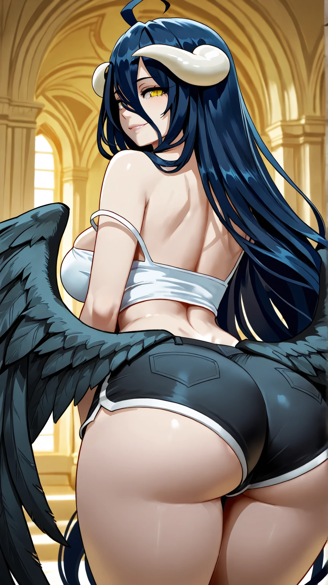 albedo, natural lighting, masterpiece, highly detailed, illustration, game CG, absurdres, high quality, aichan, large breasts, beautiful detailed eyes, short, eyes wide, shocked, surprised, collarbone, albedo has a huge ass, albedo is nude, albedo has huge tits, huge penis,vaginal object insertion, vaginal, imminent vaginal,ass focus, full nelson, albedo tongue out, albedo is cumming, milk linking of albedo tits,albedo \(overlord\), white horns, demon horns, slit pupils, black wings, feathered wings
