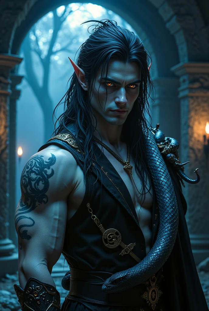 A horned demon with intricately detailed tattoos covering his torso and a prominent blue gem glowing in the center of his chest, stands with a solemn expression as he clasps his hands in front of him. This high-quality, hyper-realistic image was captured in Textura 8K with soft cinematic lighting, HDR, and a sharp focus. The demon's piercing eyes gleam with an otherworldly intensity, and his horns, slick with a subtle sheen, are rendered in stunning detail. The dimly lit background adds to the ominous atmosphere, creating a captivating, almost ethereal scene. The demo's skin texture is tactile and