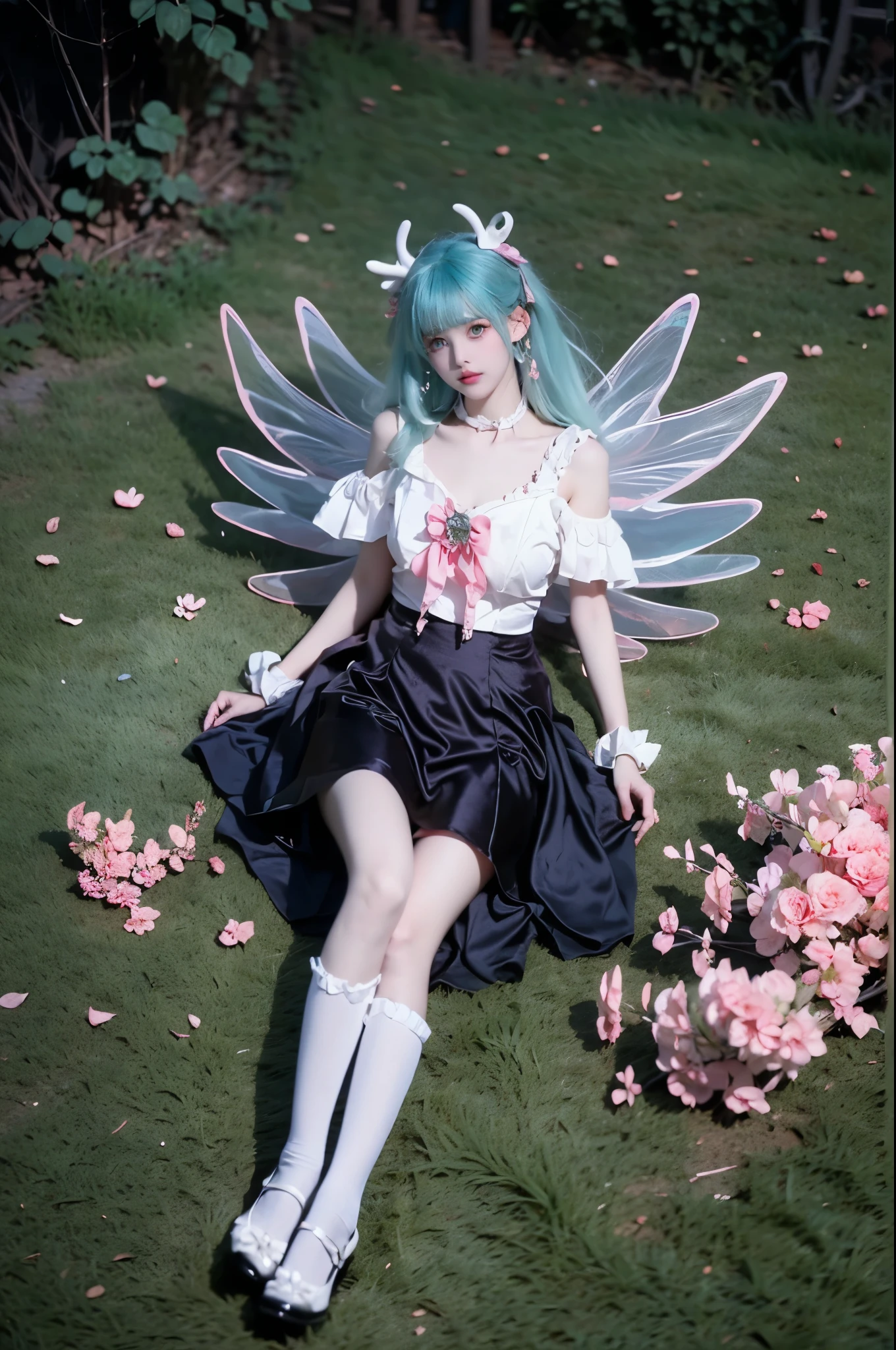 yao cosplay costume, aqua hair, dress, shoulder cutout, frills, choker, wrist cuffs, antlers, horns, bow, wings, hair ornament, animal ears, hair bow, hairclip, socks, kneehighs, shoes, high heels ,, (full body:1.4), (Night, darkness), realistic beautiful woman, sexy long-legged model, lying in a field of flowers, upper body leaning towards the ground, (The flowers spread all over the ground), elbows supporting the body, one leg straight, the other leg naturally slightly bent, correct and beautiful leg shape, night, glowing fireflies, many flowers around, roses in the foreground, beautiful romantic style, (detailed face:1.2), (detailed eyes:1.2), (intricate details:1.1), (hyperrealistic:1.1), (8k resolution:1.1), masterpiece, best quality, dreamy, ethereal, (overhead shot:1.2), (birds-eye view:1.2), (top-down view:1.2)