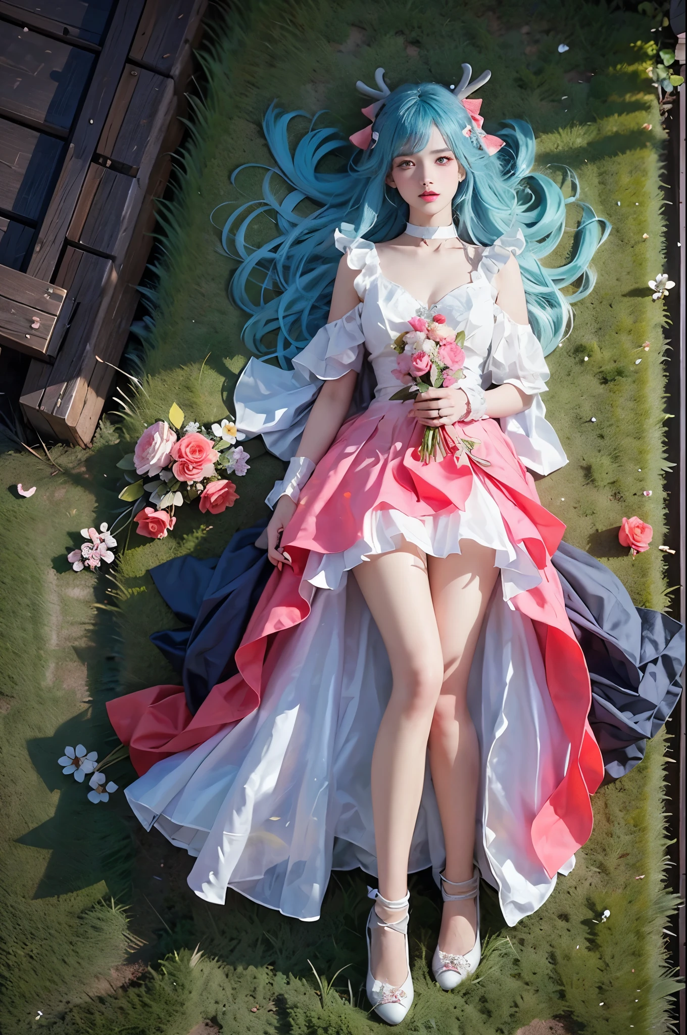 yao cosplay costume, aqua hair, dress, shoulder cutout, frills, choker, wrist cuffs, antlers, horns, bow, wings, hair ornament, animal ears, hair bow, hairclip, socks, kneehighs, shoes, high heels  ,, (full body:1.4), (Night, darkness), realistic beautiful woman, sexy long-legged model, lying in a field of flowers, upper body leaning towards the ground, (The flowers spread all over the ground), elbows supporting the body, one leg straight, the other leg naturally slightly bent, correct and beautiful leg shape, night, glowing fireflies, many flowers around, roses in the foreground, beautiful romantic style, (detailed face:1.2), (detailed eyes:1.2), (intricate details:1.1), (hyperrealistic:1.1), (8k resolution:1.1), masterpiece, best quality, dreamy, ethereal, (overhead shot:1.2), (birds-eye view:1.2), (top-down view:1.2)