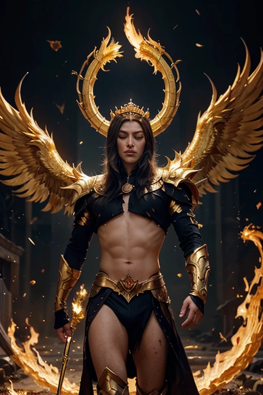 Fairy male man with orange and gold details, large wings, detailed face, detailed hands, detailed legs, detailed fingers, detailed hair, detailed eyes, detailed skin, lush vegetation blurred background, vibrant colors, lush light, soft light, sunset light, smooth light, symmetrical, full body, reflections, dynamic HDR lighting, 8k resolution, cinematic film, smooth, sharp focus, realistic, strobe light beams,  ((blurred background)):1.7, (((depth of field)) ):1.8, cinestill 800t 35mm, high quality, heavy grain, high detail, cinematic composition, dramatic light, anamorphic, ultra wide lens, hyperrealistic --auto