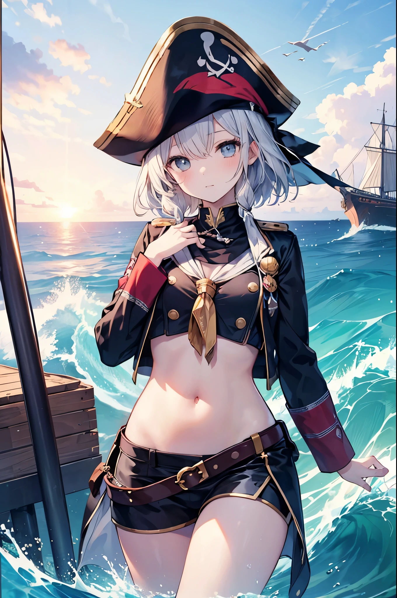 ((1 mulher pirata, Pirate hat, cinto na buceta com espada, mini saia marrom aberta, mini blouse with open zipper, tatuagem de caveira na buceta)),((seios grandes)),((pelos pubianos muito grandes)) ,((cabelo castanho grande e liso)),((olhos castanhos, sorrir)),((de frente para o espectador)),((em um navio pirata, no mar durante o dia)),