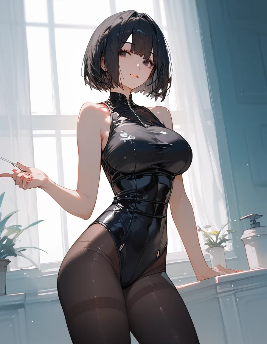 (masterpiece), (highest quality), (Very detailed), Realistic, (Best illustrations), (Very delicate and beautiful),One girl, from the front, View your viewers, Black short hair, Detailed landscape, Ample breasts, Very large breasts,indoor, Detailed landscape, High leg leotard