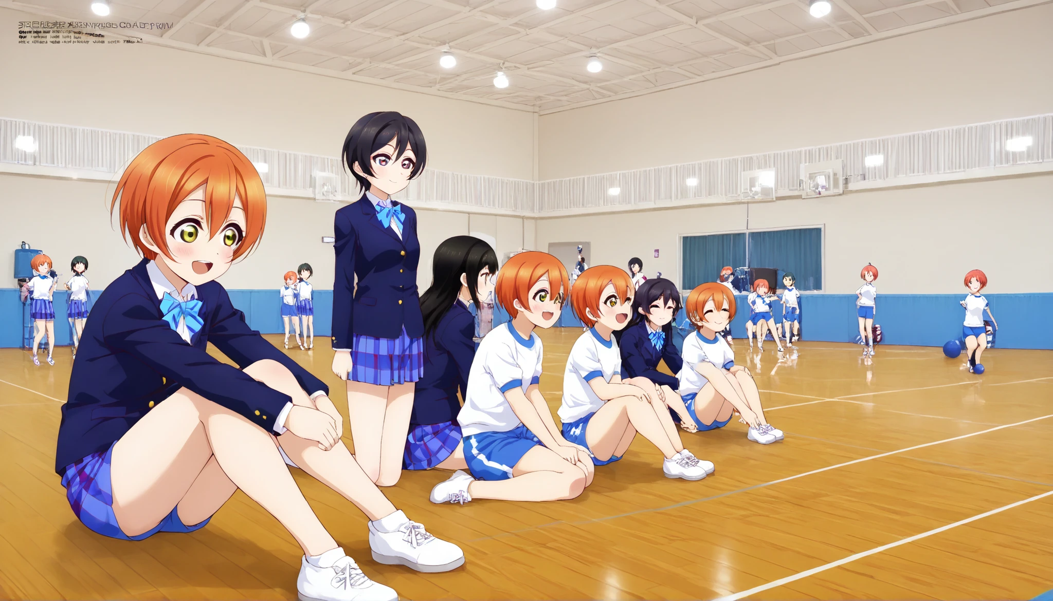 1girl,hoshizora rin, striped, short hair, blush, otonokizaka school uniform, open mouth, smile, lovelive_rin black blazer, blue plaid skirt, blue stripe bowtie, orange hair, very short hair, hair between eyes, yellow green eyes,sitting on the floor grasping one's knees (as in a gym class),score_9, score_8_up, score_7_up, rating_safe, masterpiece, best quality, absurdres, unity 8k wallpaper, official art, official style, source_anime, uncensored, game cg, megami magazine,taiikukan, indoors, sportswear, multiple girls, indoors, photo background, shorts, 6+girls, ceiling light, black hair, ceiling, stage, wooden floor, gym uniform, sportswear,Gymn4s3,
