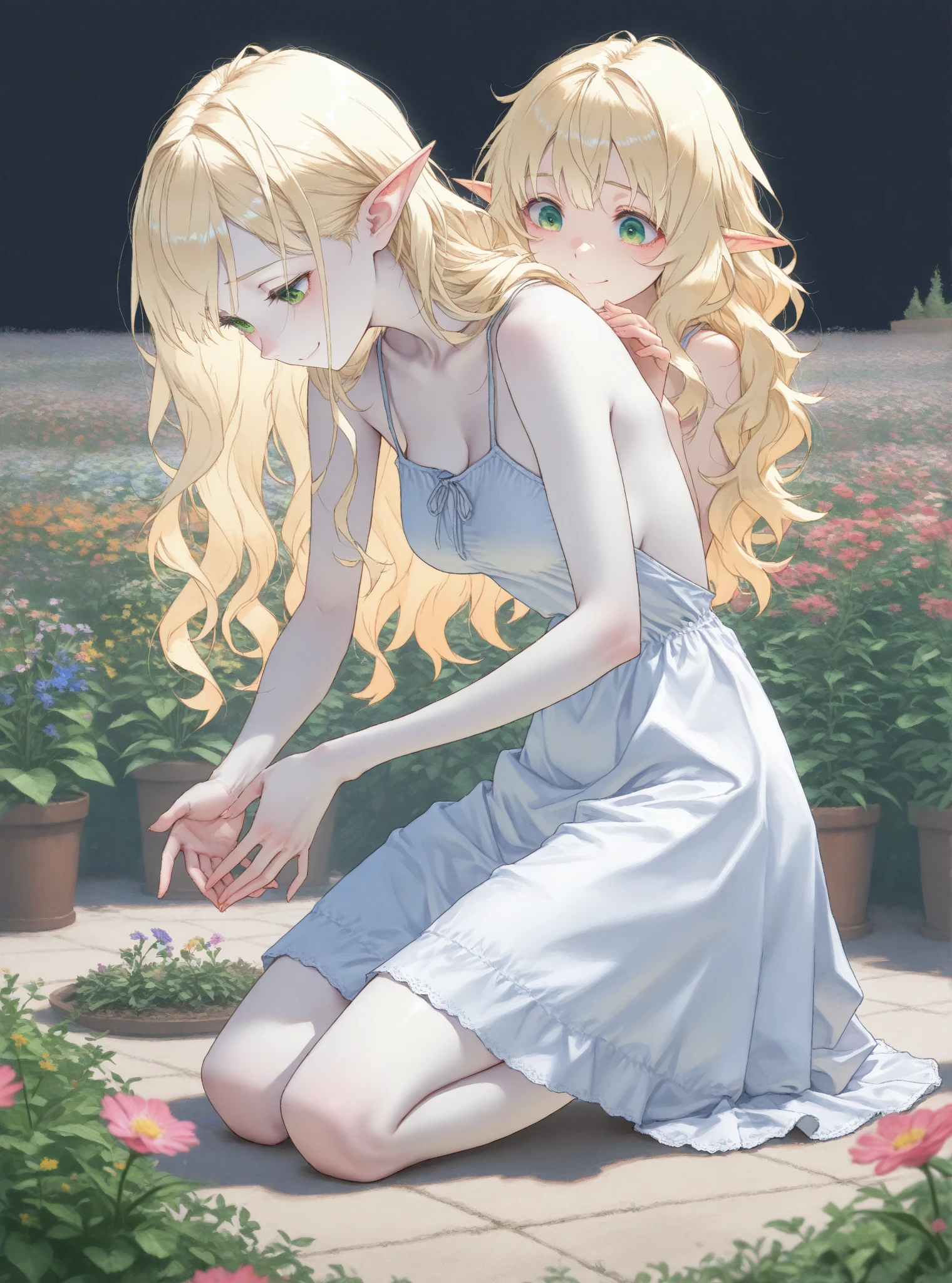 SFW,masutepiece, Best Quality, High resolution, 1girl in, Full body, Description Girls, detail hands, Detail fingers, Detail Face, detail legs, 1girl in, elf, Looking down, Flower Garden, Black sky, smog, watercolor paiting, pale skin, , Blonde hair, Long hair, Wavy Hair, saddened, mournful smile, Green eyes, tareme, medium breasts, white sundress, Bare back, Kneeling, tree planting