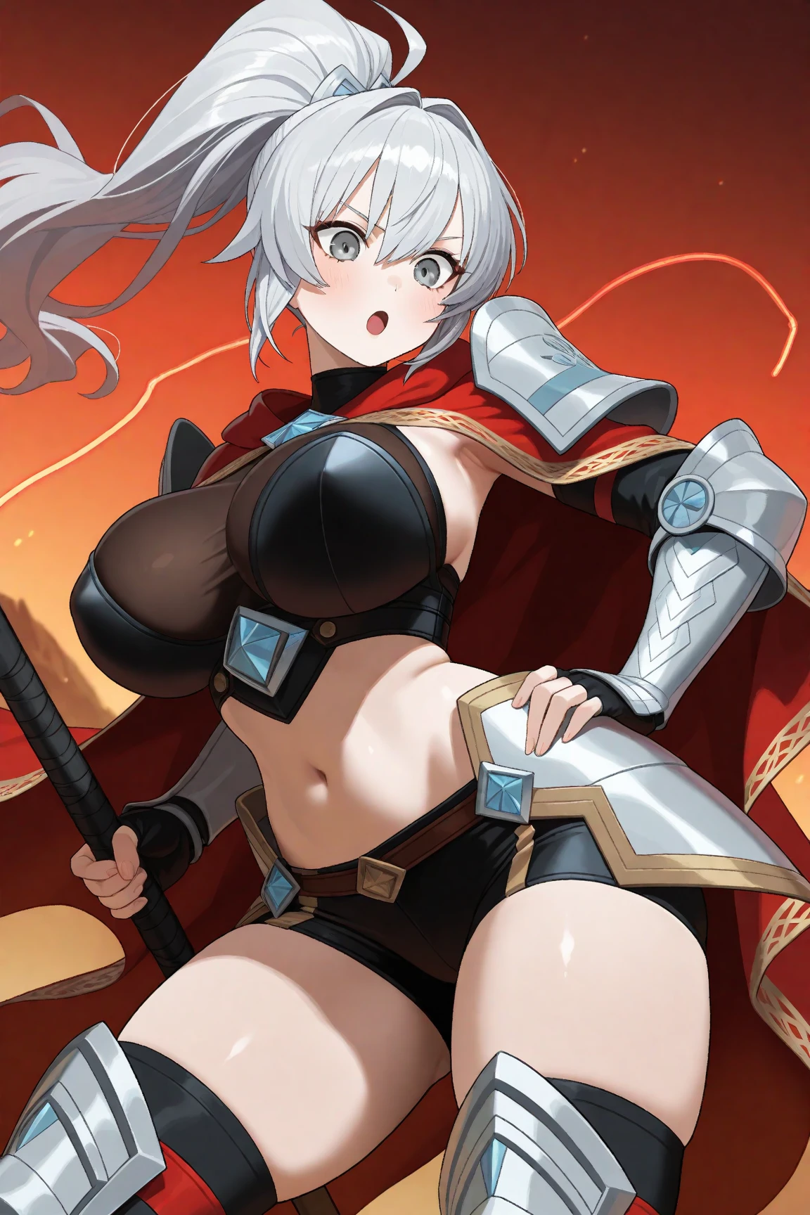 NSFW,{1girl,citrinne \(fire emblem\),fire emblem),fire emblem},short hair,aged up, Super detailed, masterpiece, absurd, high resolution, very aesthetic, (anime, masterpiece, complexity: 1.3),(Top Quality, High Texture, (4k), (Incredible Detail: 1.4), Full Body, Shiny Skin, Bangs, Cool Face, (Perfect Eyes), (Detailed Eyes), (Shining Eyes), Beautiful Eyes, Bright Eyes, Cross Earrings, black revealing knights armor, pink Carving, red Cape Fluttering in the Wind, Highly Detailed Armor, Beautifully Made Armor, Gauntlets, , black Mini Skirt with pink Decoration, Zettai Ryouiki, Big Breasts, Deep Cleavage, Side Boob, Windblown Hair,Fluffy Waist, Thighs, High Leg panties, Knee High Socks, Armored Boots, High Heels, Dynamic Pose,black panties,