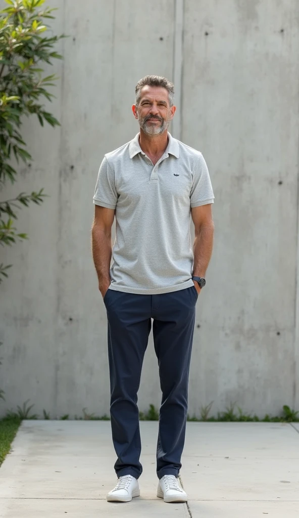 Homem branco de 46 anos, Skinny man with gray beard in green t-shirt and black jeans and white leather sneakers, segurando um american bully xl tri blue pela guia em uma savana