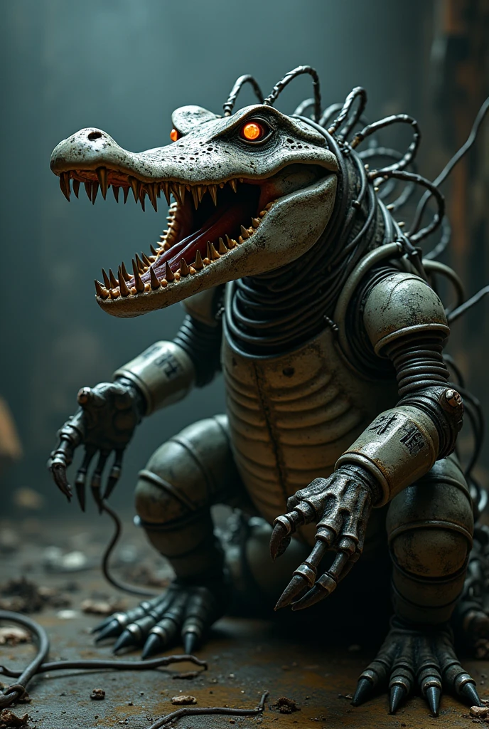 （Robot Dragon), Solitary,, Detailed scaly skin texture, (Cyberpunk), (Wearing Hanfu), ,Feet are clawed and wearing Egyptian sandals,Metal body，Wires and cables that connect the header and body，Mechanical limbs，Trunk wires and cables，Mechanical plug,Wire inserted into the belly, dawn, shadow, Bright environment, (Chest gemstones), , (Kantanagarmouli)), (Bottom view), Looks excited, [Simple background], Detailed student, Masterpiece Artwork, Caustic lines, Rim Light, Single light source, 清晰的shadow, Finger claws, (Digital Grade, Claws), (Hanfu),Lying in the warehouse，Soles facing the screen