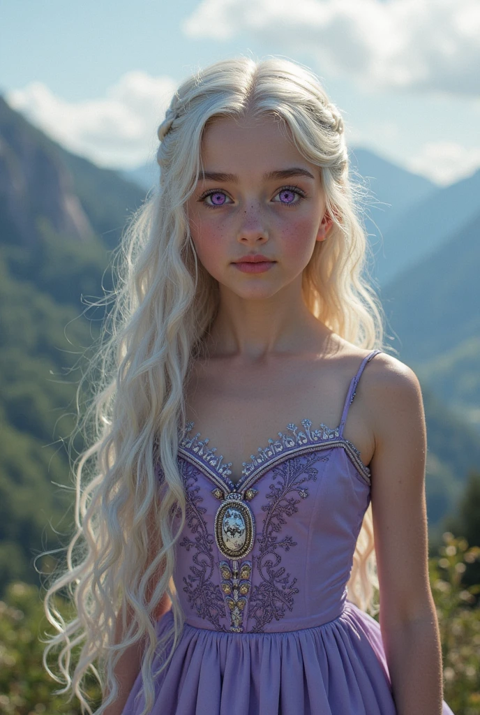 Half-body, very slim very young girl on the bridge of Rivendell, slender, with long, curly wavy white blonde hair, with the face of famous model Lena Simonne, with indigo eyes, transparent short white dress