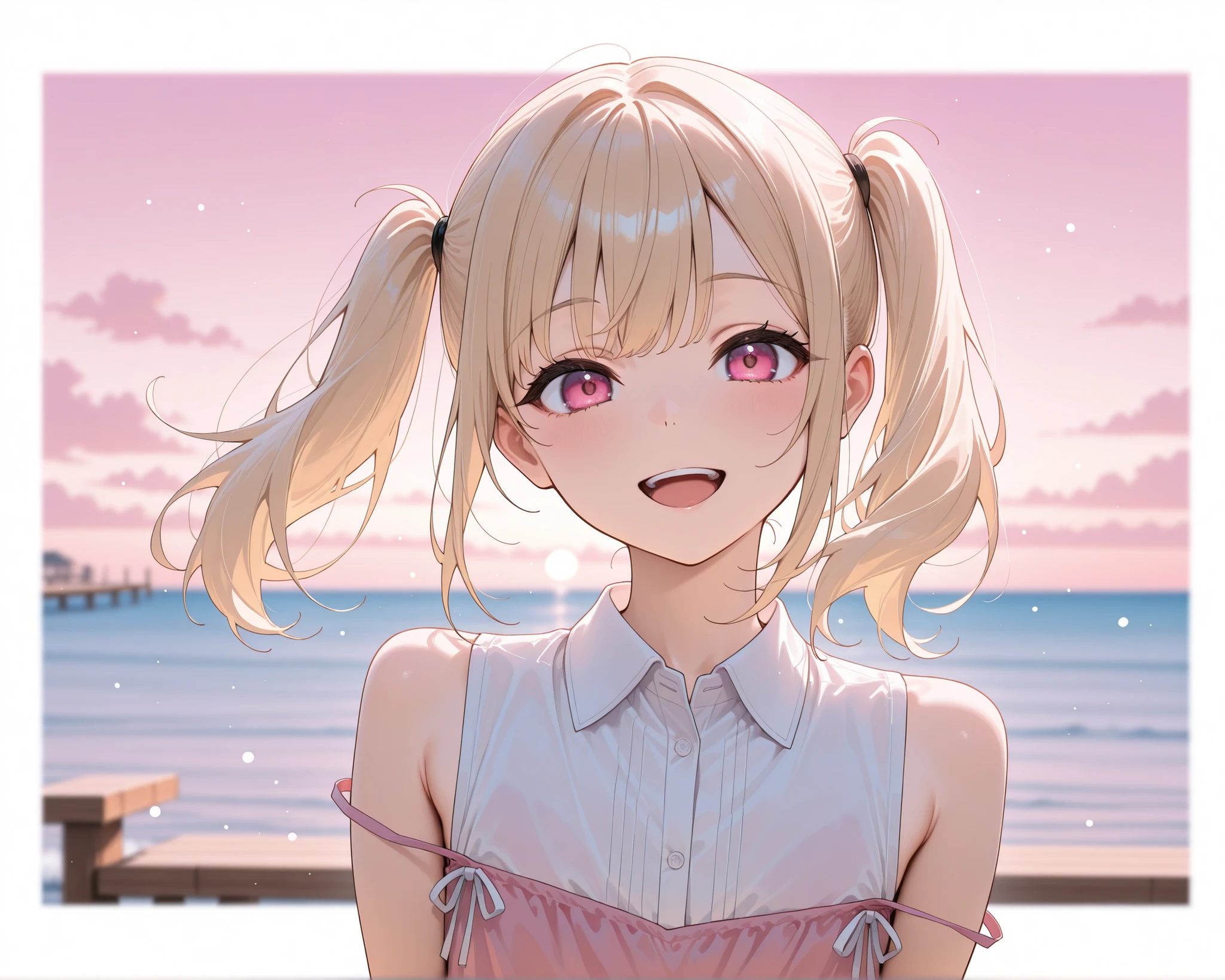 score_9, score_8_up, score_7_up, masterpiece, best quality, detailed face, detailed eyes, 1 girl, solo, beautiful, slender, curvy body, flat chest, youthful, young, short,

medium hair, blonde hair, twin tails, tidy bangs, pink eyes, fair skin, cute, adorable, sleeveless white shirt, collared shirt, off shoulder dress outer, pink dress, shoulders, open mouth, happy, confident, flowing hair,

blurred background, pink sky, clouds, beautiful view, ocean, pier, pink sunset, looking at viewer, depth of field, perfect lighting, particles, best composition, dynamic, closeup, zoomed in, portrait,