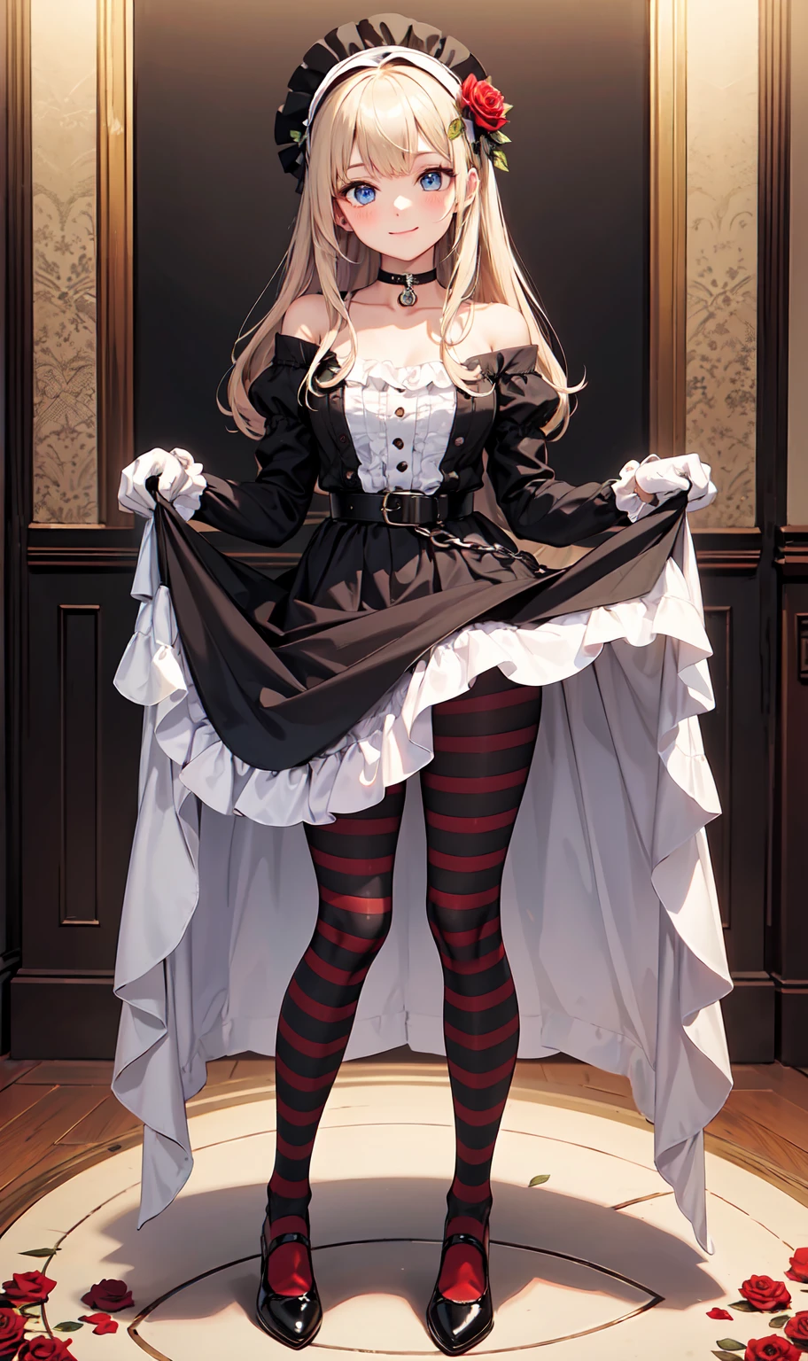 (masterpiece, top quality, best quality:1.2), nice hands, perfect hands, 1girl, solo, bangs, belt, belt buckle, black belt, black border, black choker, black footwear, blue eyes, bonnet, border, bracelet, buckle, choker, closed mouth, clothes lift, collarbone, curtsey, dress, dress lift, flower, frills, full body, gloves, hair flower, hair ornament, lifted by self, long hair, long sleeves, looking at viewer, pantyhose, red flower, red rose, rose, shoes, skirt, skirt hold, skirt lift, smile, solo, standing, striped, striped legwear