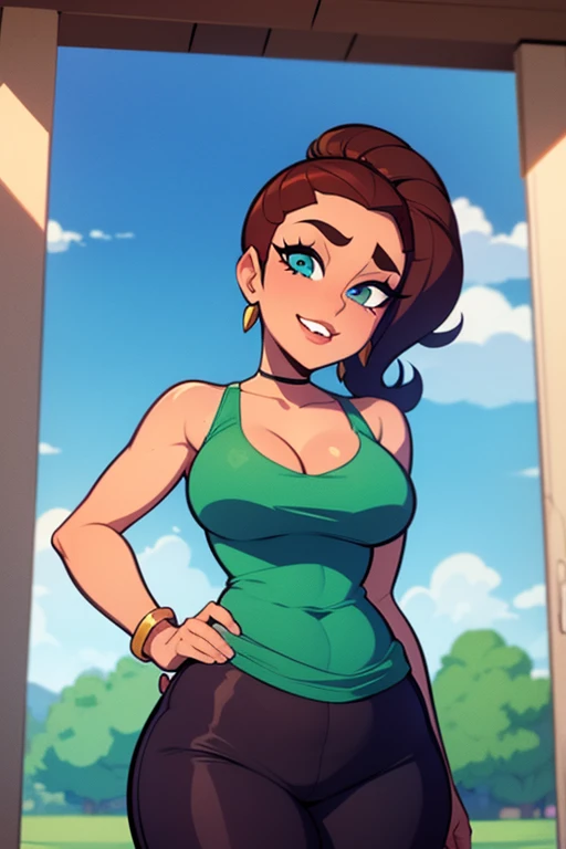  Amazing portrait of a sexy woman with with her  black hair in a messy bun lifting her pale green loose t shirt slightly to showcase her voluptuous and curvy body that is accentuated by her black yoga pants making her look hot with vibrant colors and soft lighting
