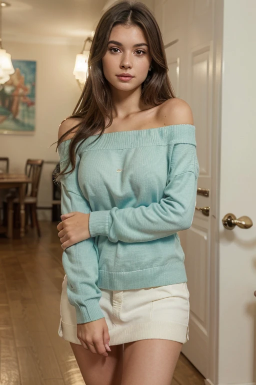 1girl in, age19, Solo, Long hair, Colossal , Looking at Viewer, blonde hair, Bare shoulders, Blue eyes, jewelry, Full body, a necklace, off shoulders, Sweaters, Realistic, A sexy
