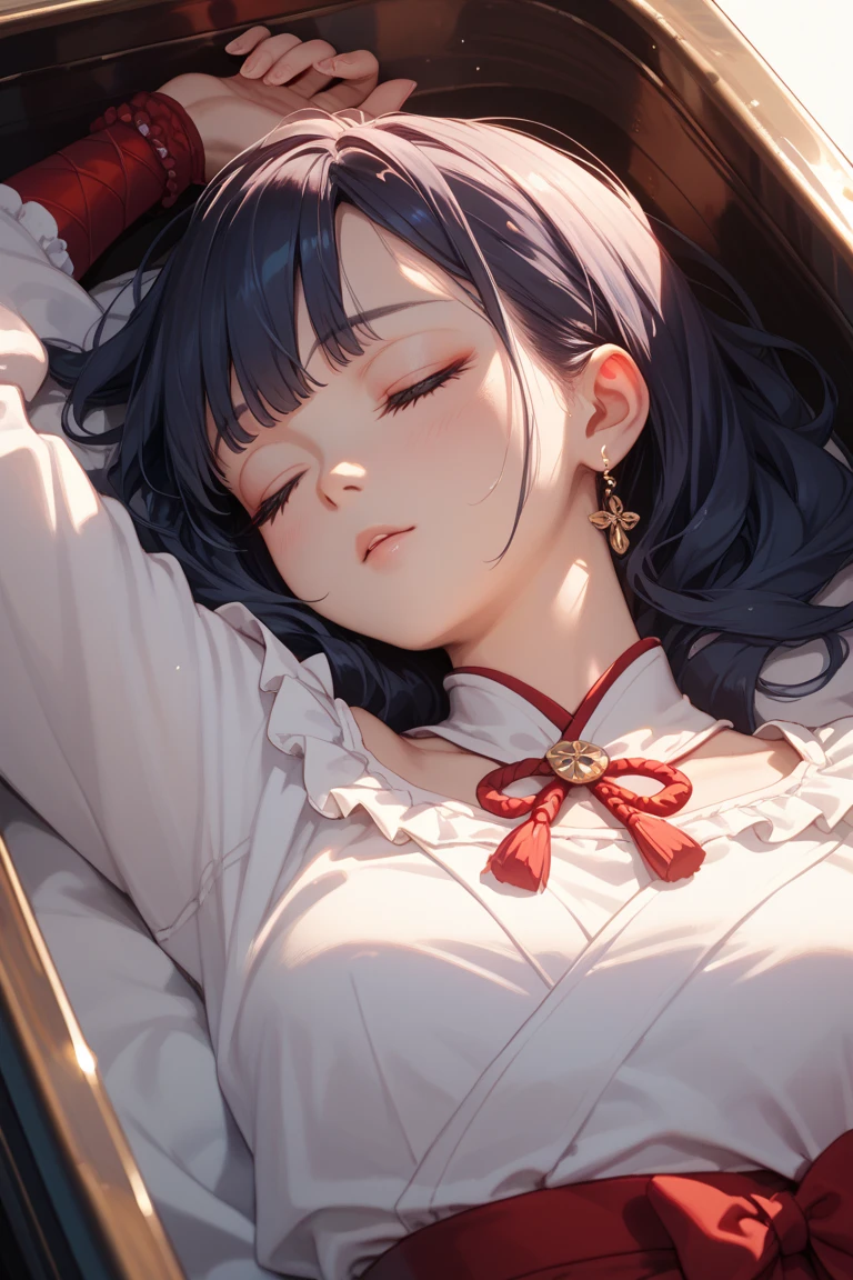 (sleepy style), (solo:2, 18 yo straight black hair long hair cool dominance girl, sleepy red eyes, cute open mouth, glossy lips, tears), in a detailed red silky negligee, break, in ＴＨＥ Royal bedroom, BREAK, perfect anatomy, masterpiece, best quality, 16k, beautiful detailed grow, daydreaming expression.