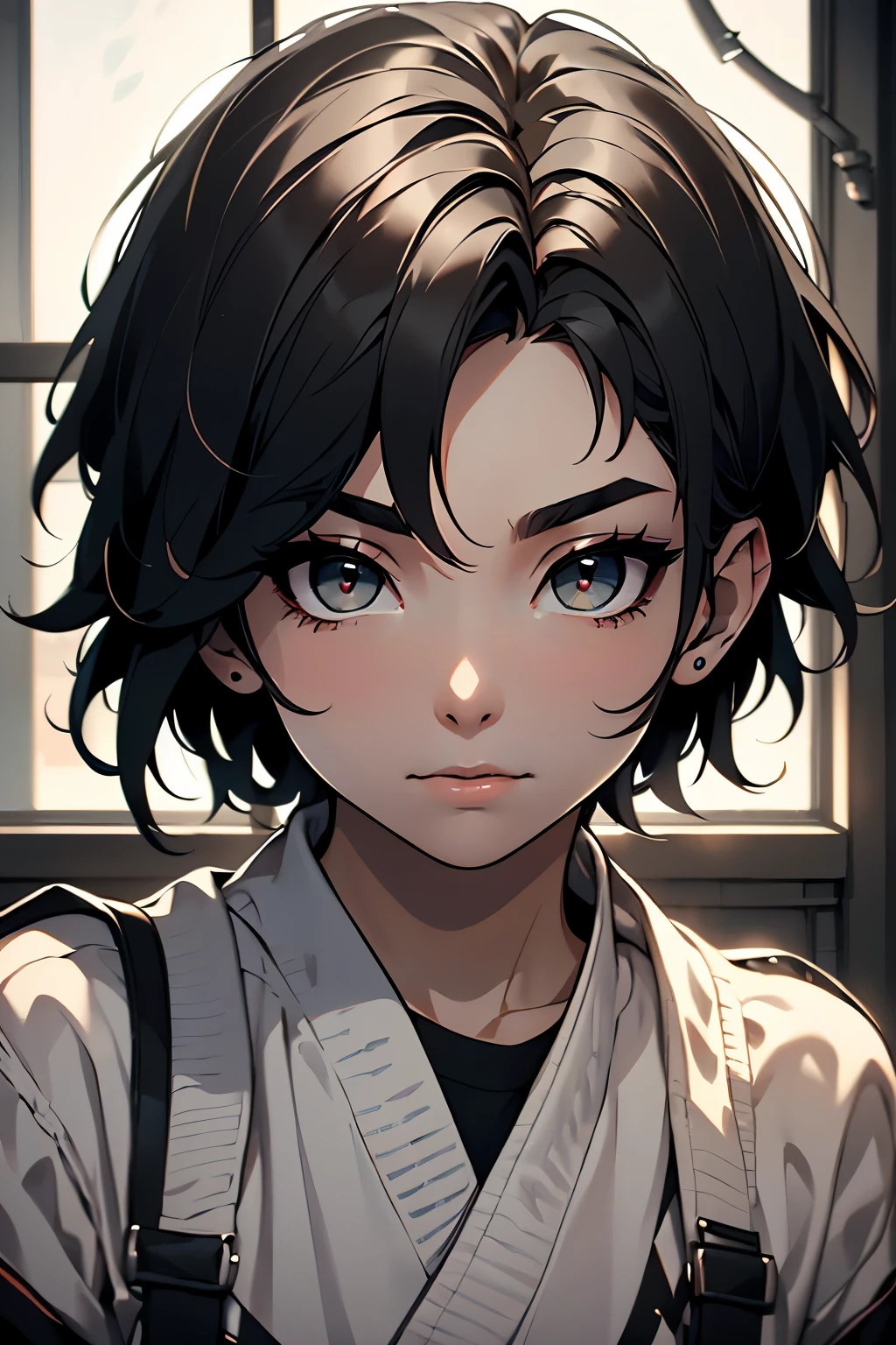 a beautiful girl, Age group s , black eyes with short black Pixie style hair, open in front , black eyes, Wearing a white karate uniform. looking at the viewer ((1.2)) (( pretty face)) (( obra-prima)) (( extremely detailed )) ((Only face))