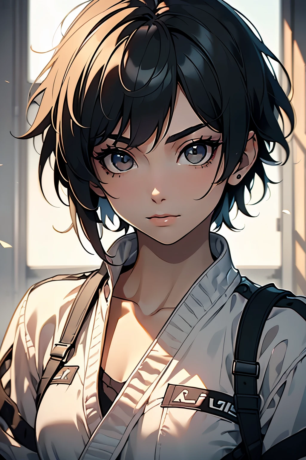 a beautiful girl, Age group s , black eyes with short black Pixie style hair, open in front , black eyes, Wearing a white karate uniform. looking at the viewer ((1.2)) (( pretty face)) (( obra-prima)) (( extremely detailed )) ((Only face))