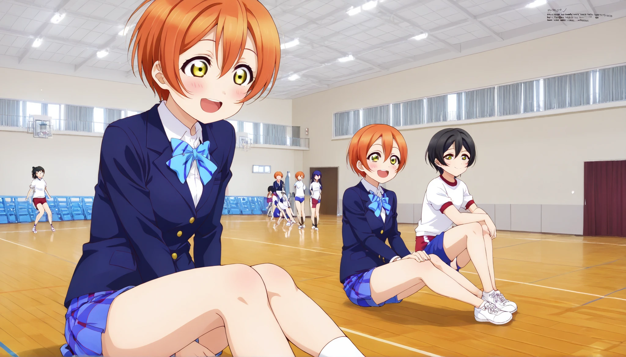 1girl,hoshizora rin, striped, short hair, blush, otonokizaka school uniform, open mouth, smile, lovelive_rin black blazer, blue plaid skirt, blue stripe bowtie, orange hair, very short hair, hair between eyes, yellow green eyes,sitting on the floor grasping one's knees (as in a gym class),score_9, score_8_up, score_7_up, rating_safe, masterpiece, best quality, absurdres, unity 8k wallpaper, official art, official style, source_anime, uncensored, game cg, megami magazine,taiikukan, indoors, sportswear, multiple girls, indoors, photo background, shorts, 6+girls, ceiling light, black hair, ceiling, stage, wooden floor, gym uniform, sportswear,Gymn4s3,