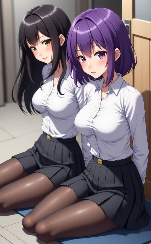 anime image of two woman in school uniforms sitting on a couch, a manga drawing by Jin Homura, trending on pixiv, shin hanga, sirius awith index finger, gapmoe yandere, in manga style. big breast, age 25