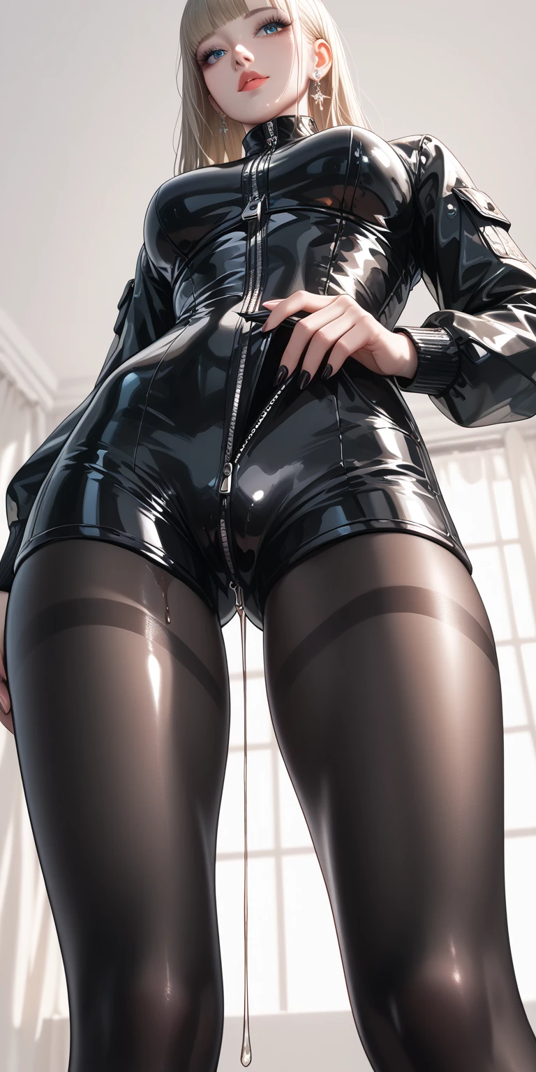 (8K), (Best Quality), (Masterpiece:1.2), (Realistic), (Photorealistic:1.37), Ultra-detailed, 1 Girl, Caucasian, Detailed Face, (Short Pencel Skirt), (White Business Shirt), Blonde, Blue Eyes, ((Modern Urban Background.) )), (Stand up straight, legs open), ((Perfect female body, huge breasts, cleavage)), mature woman, mature woman, narrow waist, smile, (full body), sexy beautiful legs, see inner thighs, ((black pantyhose)), (black high heels), glasses, from below, nude, (NSFW:1.4)
