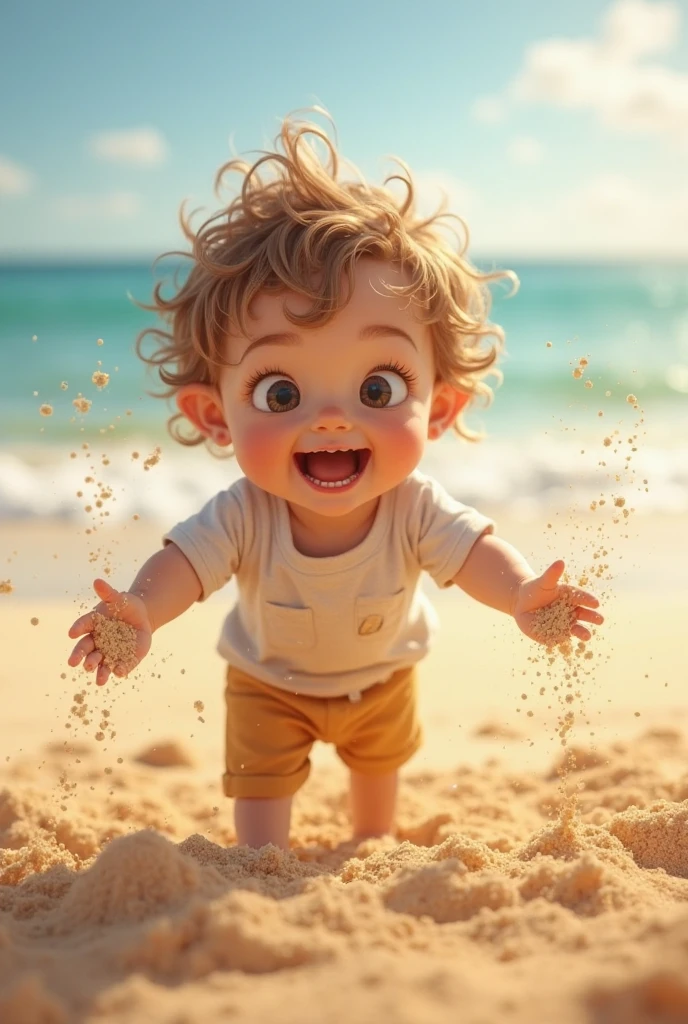 A boy in a doggy position on the beach