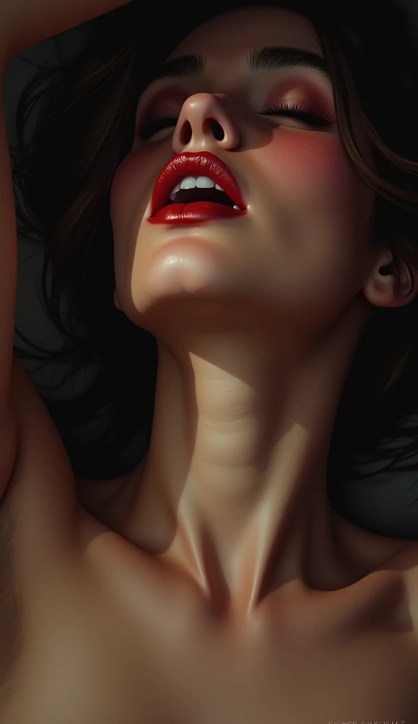 masterpiece, Best Quality, Illustration, Ultra-detailed, finely detail, hight resolution, 8K Wallpaper, Perfect dynamic composition, Beautiful detailed eyes , open mouse, y face, Face feeling ecsce at the peak of sexual arolooking at viewer, ((Dark background)), in the style of Mark Demsteader, big breast, pink niplittle hair o, thigh gap, nude, wearithing, realistic sdetail.