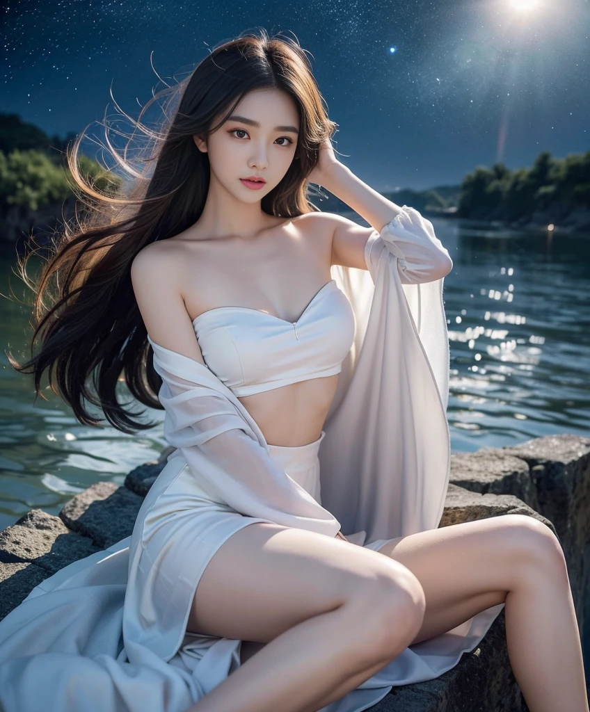 (masterpiece, best quality:1.2), 1girl, 独奏, ((gufeng,bare shoulders)), at the hilltop,Moonlight,((sitting position, sitting at the edge of a cliff)), figure of heroine,Slender sexy legs,very beautiful legs,Leaking sexy legs,Big breasts,beauty, mystery。Beautiful face,Otherworldly beauty。The bridge of the nose is straight,Lip color like cherry,Confident and calm。face chiseled,Skin as fair as jade,Makeup is light and delicate,Show her temperament and charm。Light foundation, Transparency of skin,perfect eyebrow shape,eye makeup,eye shadow,Eyeliner,Eyes are brighter and more energetic。Put on grace lipstick,Charm and sophistication。Clothes grace chic,Clothes flutter,Blown up by the wind,drifting into the distance。grace,Swinging action。Hair tied haphazardly behind the head,Secure it with a hosta,Strands of hair flutter gently in the wind,A beautiful landscape,Attract attention。beauty、grace、mystery