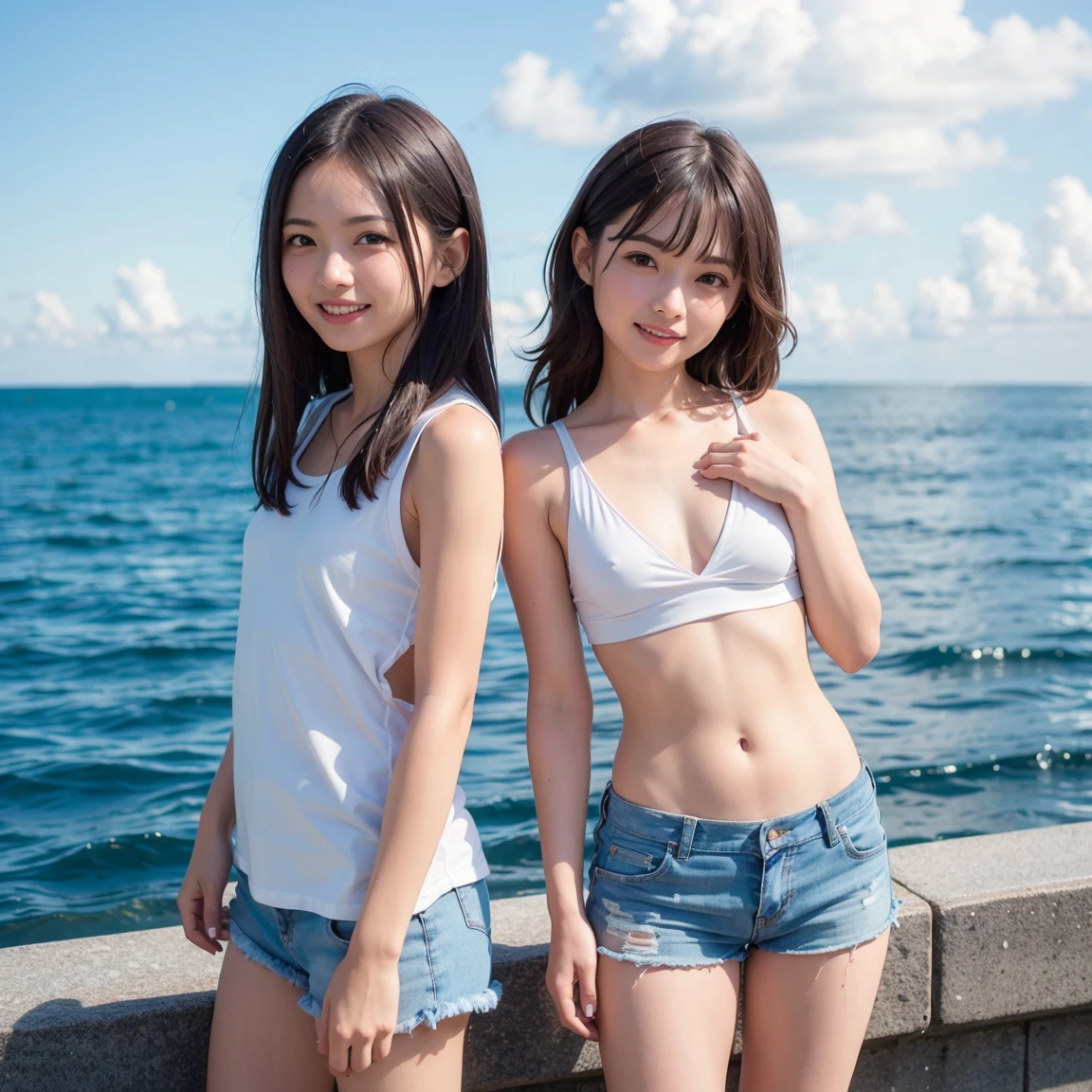 Small breasts、Earrings、necklace、Beautiful glowing white skin,、 bright, Refreshing and gentle look, Perfect beautiful pretty face, Shiny, straight, long hair down to the waist, Beautiful shiny bangs, ((Very beautiful and beautiful4Year old girl)), eyeliner, so perfect and beautiful, Big clear sky blue eyes, bright eye highlights、Baby Face、Cute smile、Long eyelashes、Wearing shorts、Low waist、Low rise、Ocean、Playing in the waves、Have a bold pose、Being at the edge of the waves、
