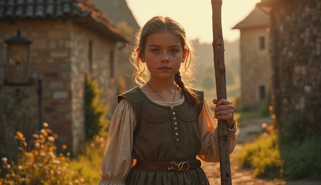 England, 873. A little ((((11-year-old)) Uhtred)), english boy, next to a castle, ((((clothings from the 870s)))), ((blonde hairstyle of the 870s)), ((colorful, Monet))