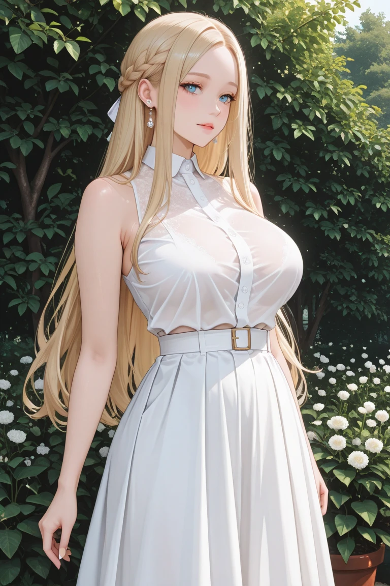 a cartoon picture of a woman with long blonde hair and a white shirt, seductive anime girl, blonde anime girl with long hair, thicc, with a large breasts, attractive anime girl, anime best girl, ecchi anime style, touching her clothes, teasing smile, anime girl, in an anime style, with large breasts, revealing clothes, anime waifu