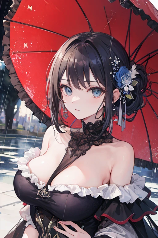 1woman, victorian dress in blue and black, long dark hair, blue eyes, mature woman with big breasts, big victorian umbrella, dynamic pose, (masterpiece),(intricate details), highly detailed, extremely detailed art, extremely detailed face, extremely detailed eyes, dynamic pose, dark background, stars