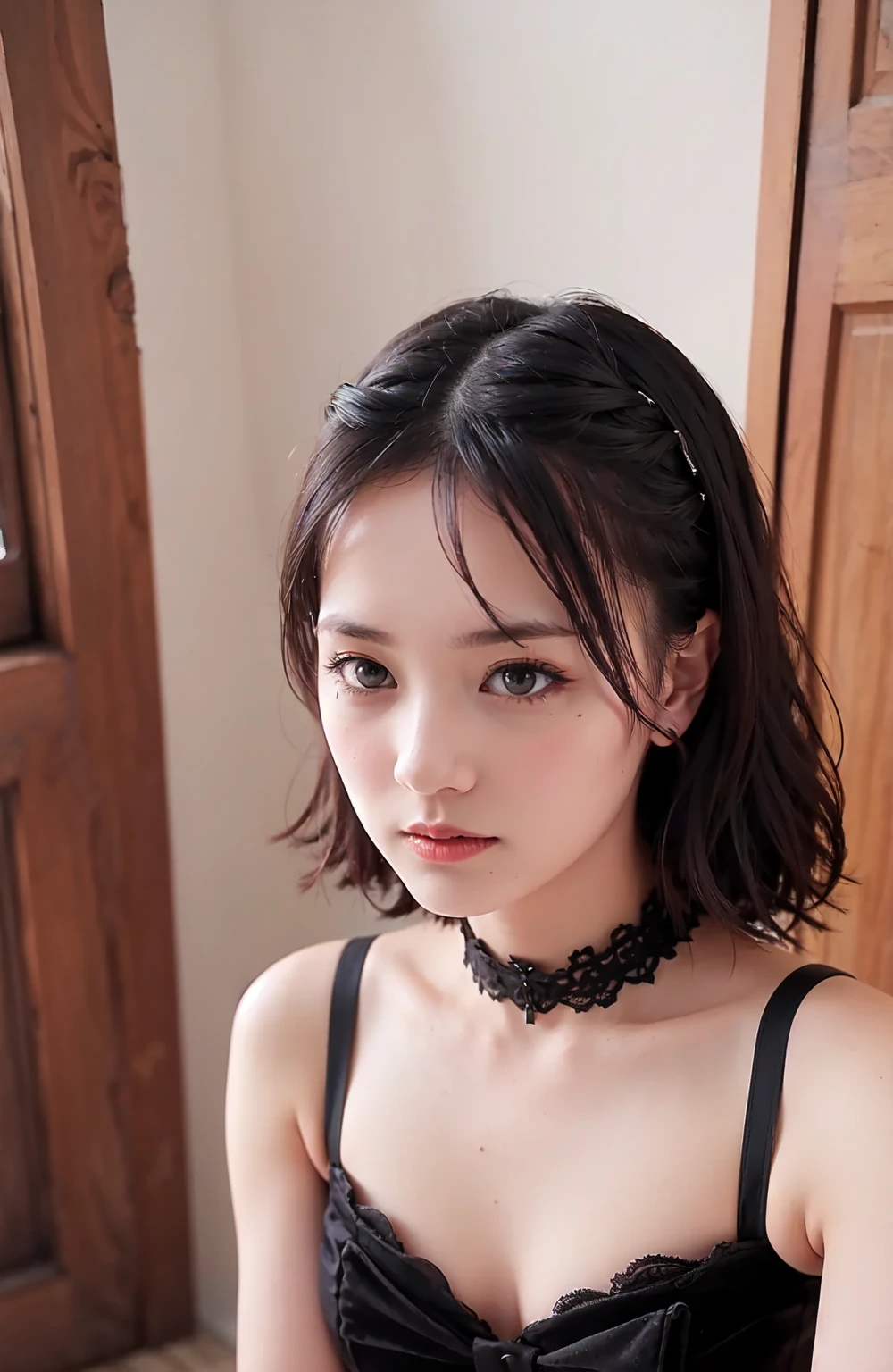 ((Best quality, 8k, Masterpiece, ultra detailed, ultra high res, photorealistic, raw photo, absurdres, absolutely resolution:1.5)), pretty woman, 1girl, slender abs :1.5, dark brown hair, bob cut, large breasts, (smile, NSFW:1.5, collared white shirt, half undress:1.5, tartan check skirt, fishnet pantyhose), ultra-detailed face, highly detailed lips, detailed eyes, double eyelid
