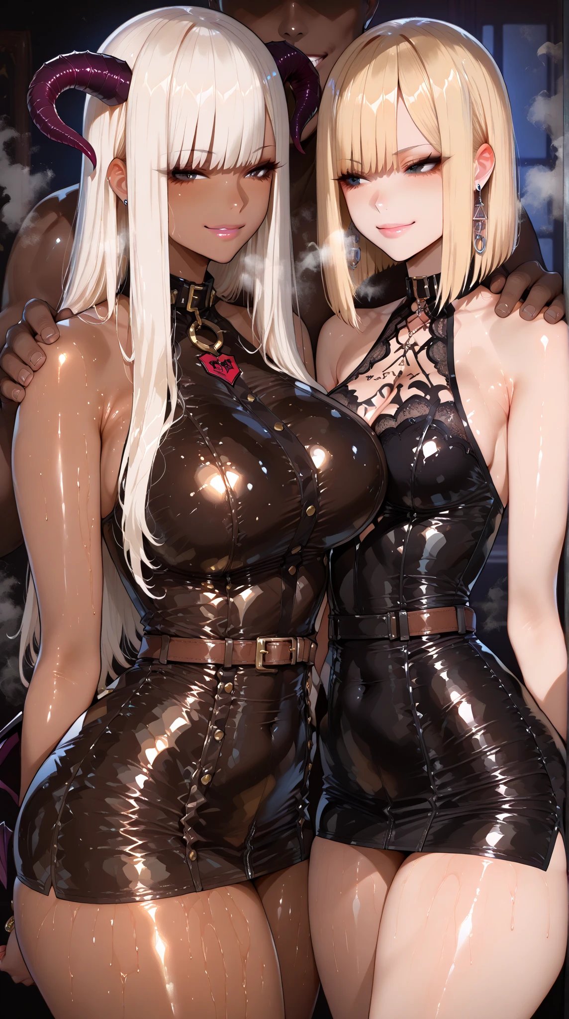 (fiche de conception de personnage, same character, Devant, side, de la), ((extremely detailed illustration)), high resolution, des mains parfaites à cinq doigts, visage parfait . Deux filles de 25 ans,Soeurs jumelles, avec de gros seins et des mamelons qui pointent, vêtu d'une combinaison rose en latex (spandex) style hentaï ouverte aux parties intime, the scene shows her caressing her breasts, back bent facing the audience, angle de vue multiples, seductive and explicit, corps voluptueux et musclé, legs spread, plaisir intense écrit sur son visage, eyes rolled upwards. NSFW❤️💕💖💋