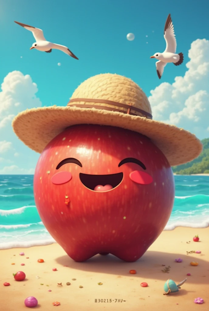 An apple with a hat on the beach