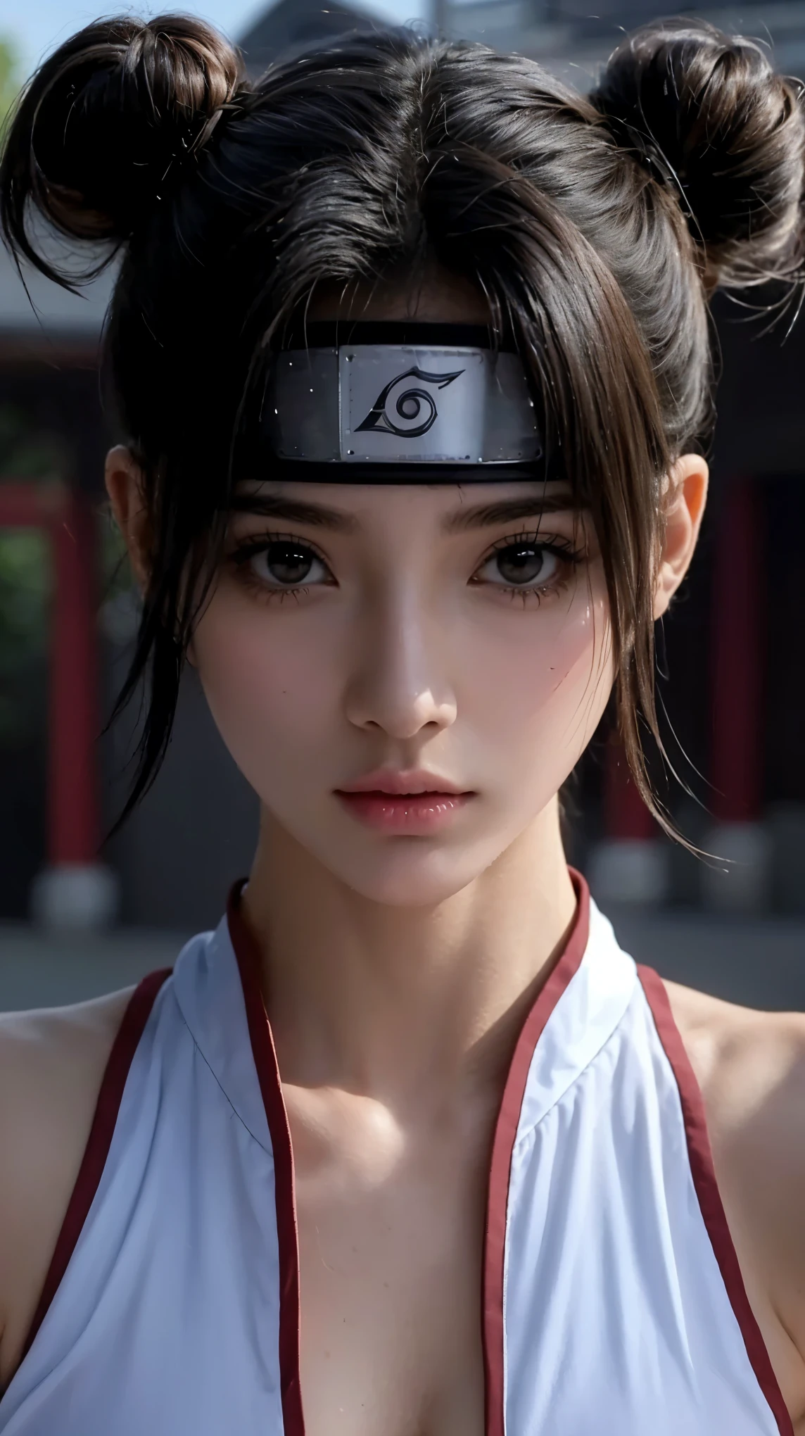 Masterpiece, 8K, Best Quality, Intricate Details, Ultra Details, Ultra High Resolution, (Makeup: 0.4), (Feathery black eyes: 1.21), ((Full body)), ((Muscles: 1.1)), ((Daytime: 1.3)), Standing, HDR, Ultra Detail, EF 24-70mm f/2.8L II USM, Best Quality, High Quality, 1 Girl, Japanese Girl, Cute, Beautiful, Charming, (Cosmic Big Breasts), 20 Years Old, tenten naruto shippuden, tenten cosplay, cosplay naruto, ikat kepala logam berkilau berlogo clan konoha gakure dari anime naruto, realistis.