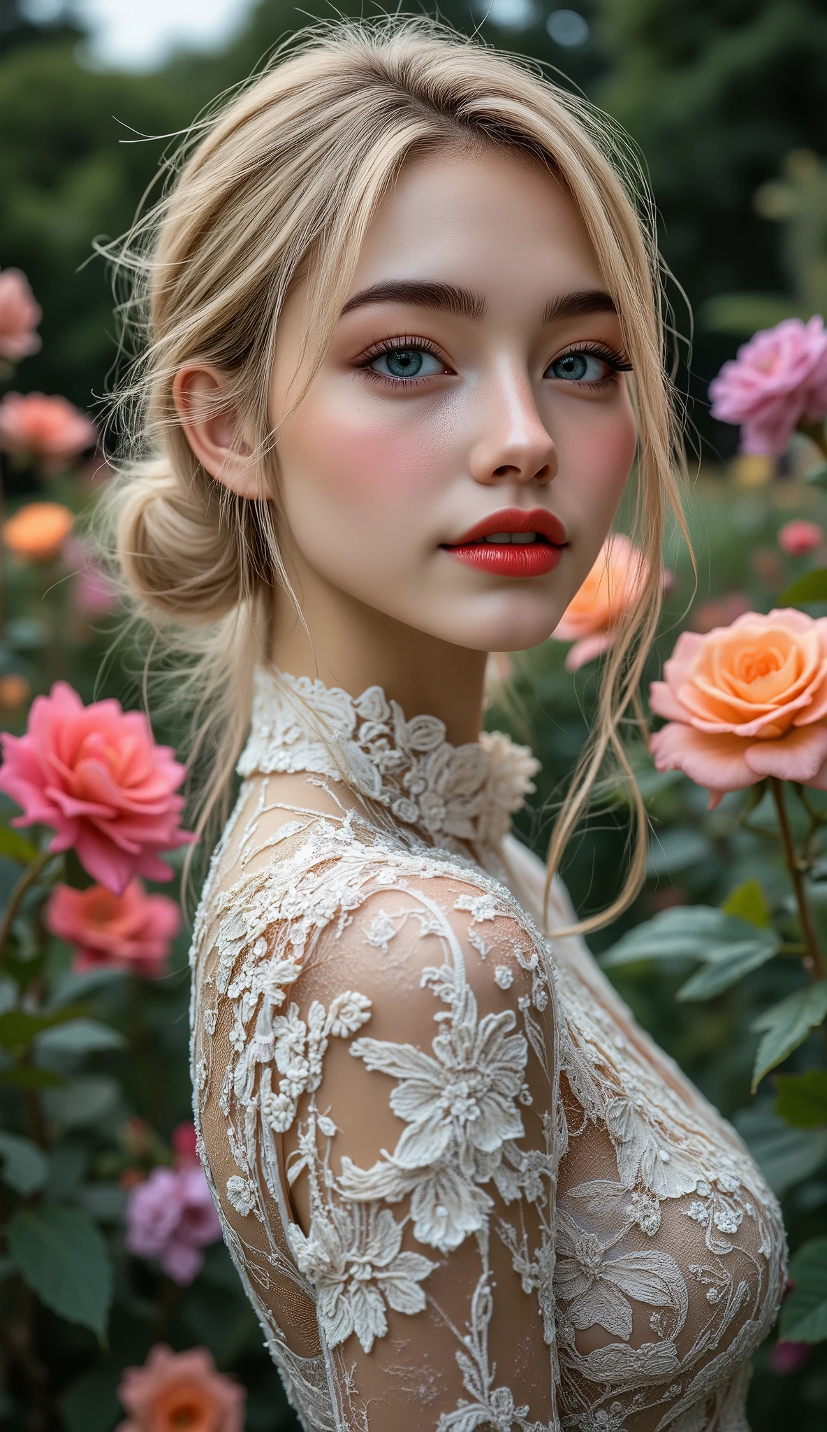 Realistic ((Photorealistic realism)), Hyper high resolution, ((Hyper insanel quality, epice masterciece, intricately detailed digital art)),((focus on extremely Realistic Proportion Body:1.3),"Portrait of {a woman with blue eyes, wearing a dress, standing in a garden}."(ultra realistic texture details: velvety skin, hair), ((sharp focus, no blurry eyes, Hyper absurd quality, Hyper details,Hyper realistic eyes:1.4)),((extra narrow eyebrows)),(Carefully draw Long blue_mascara:1.33),(perfect round eyes), (finely detailed pupils, (extremely fine details pupils)), detailed lips:1.3, (apply glossy red_lipstick:1.3), (perfect proportions:1.2), (White tight Dress made of lace fishnet), (Dolce & Gabbana, Floral style:1.26), (elegant fashion, intricate details:1.23), floral couture, (clothes made of silk and flower), (Wearing tight fitting dresses)), (black latex:1.25), latex bodysuit laced), (Intricately details multi-layer (Ruffled Black Gothic Punk Skirt), lace with fishnets:1.3), (white lace-up:1.3), dslr, high quality split lighting, sharp focus captured by Fujifilm XT3, f 5.6,(perfect composition),((look at the viewer)), HDR, UHD, studio lighting, physically-based rendering, vivid colors,
