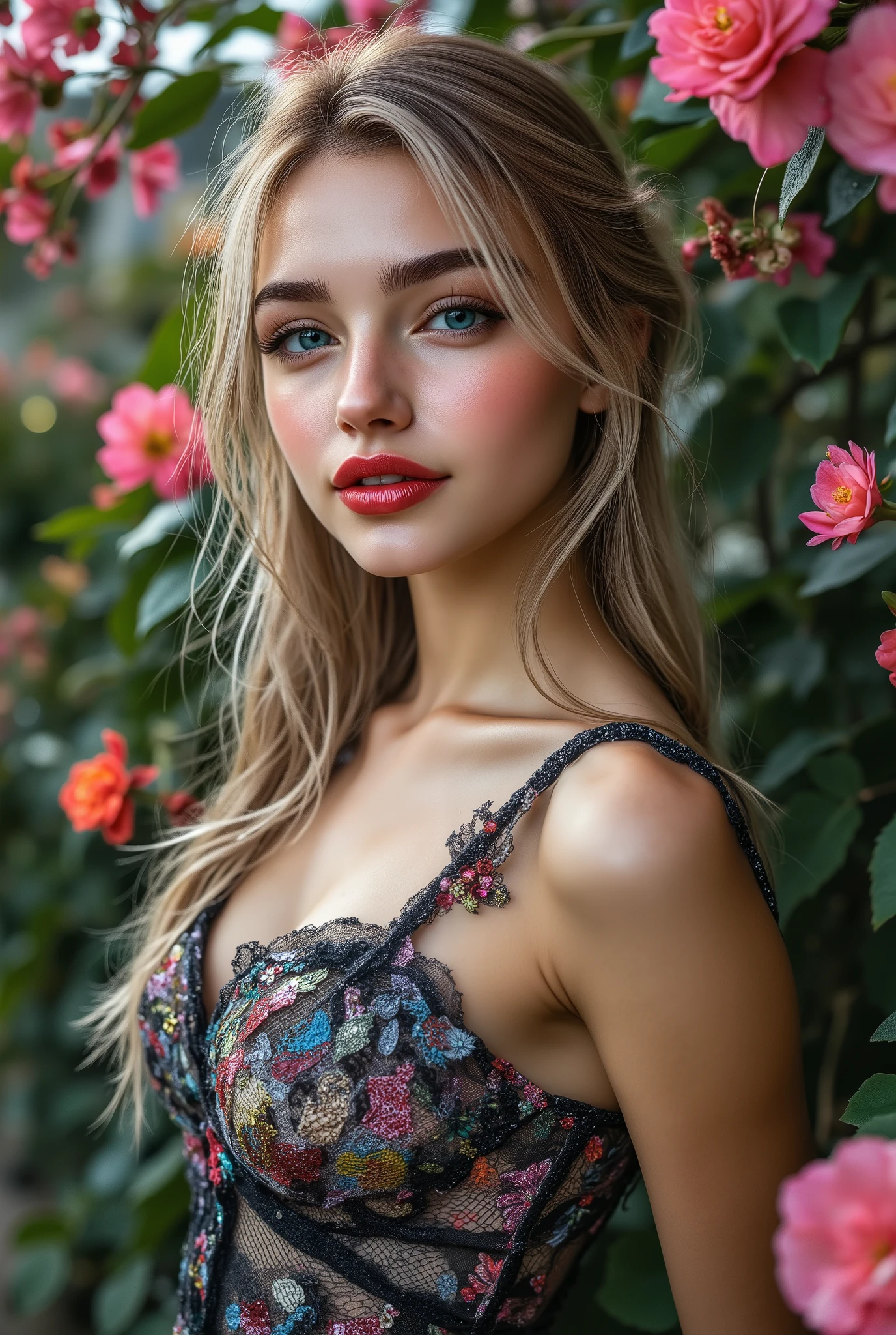 Realistic ((Photorealistic realism)), Hyper high resolution, ((Hyper insanel quality, epice masterciece, intricately detailed digital art)),((focus on extremely Realistic Proportion Body:1.3),"Portrait of {a woman with blue eyes, wearing a dress, standing in a garden}."(ultra realistic texture details: velvety skin, hair), ((sharp focus, no blurry eyes, Hyper absurd quality, Hyper details,Hyper realistic eyes:1.4)),((extra narrow eyebrows)),(Carefully draw Long blue_mascara:1.33),(perfect round eyes), (finely detailed pupils, (extremely fine details pupils)), detailed lips:1.3, (apply glossy red_lipstick:1.3), (perfect proportions:1.2), (White tight Dress made of lace fishnet), (Dolce & Gabbana, Floral style:1.26), (elegant fashion, intricate details:1.23), floral couture, (clothes made of silk and flower), (Wearing tight fitting dresses)), (black latex:1.25), latex bodysuit laced), (Intricately details multi-layer (Ruffled Black Gothic Punk Skirt), lace with fishnets:1.3), (white lace-up:1.3), dslr, high quality split lighting, sharp focus captured by Fujifilm XT3, f 5.6,(perfect composition),((look at the viewer)), HDR, UHD, studio lighting, physically-based rendering, vivid colors,