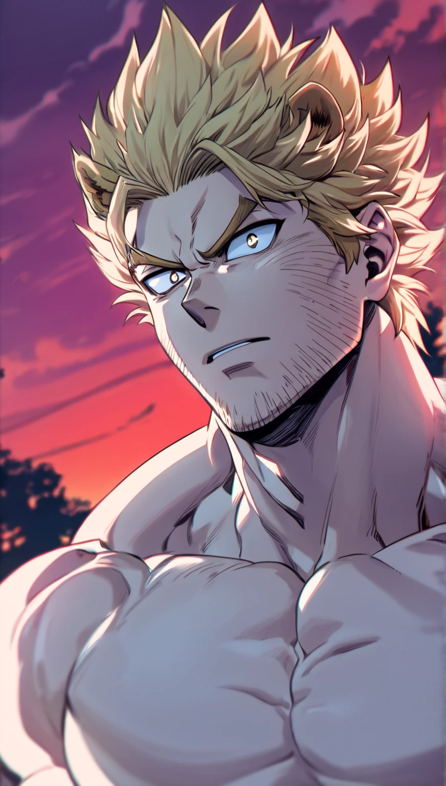 Obra maestra, mejor calidad, Obra maestra, calidad divina, arte divino, cara muy detallada, muy realista, en cuclillas, hincados, vista de camara baja, viendo a la camara, piernas abiertas, 1man, muscular man, young man, rubio, Bakugo Katsuki, boku no hero, ojos rojizos, sonrisa burlona, lengua de fuera, torso desnudo, jockstrap, duchas, colores no muy brillantes