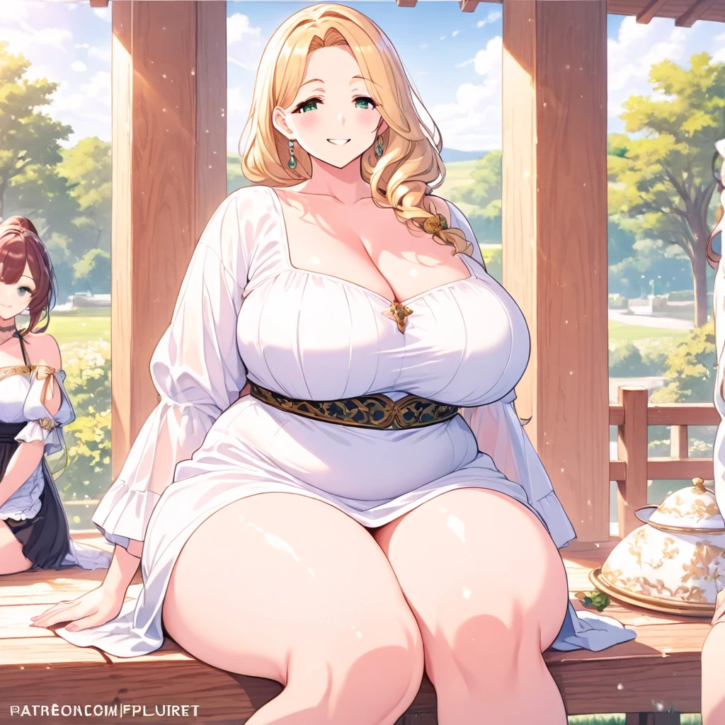 Masterpiece: superb super detailed goddess, white robe, long hair, blonde staff, sunshine, blue sky, big breasts, plump women, mature women, big belly, abnormally large belly, feast, table, chairs, chubby females backround