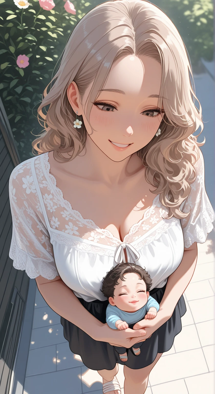 score_9, score_8_up, score_7_up, source_anime, 1boy, 1girl, mature female, mother and son, ???, smile, looking at viewer, The mother sits, son is grabbing her  from behind, white v neck dress