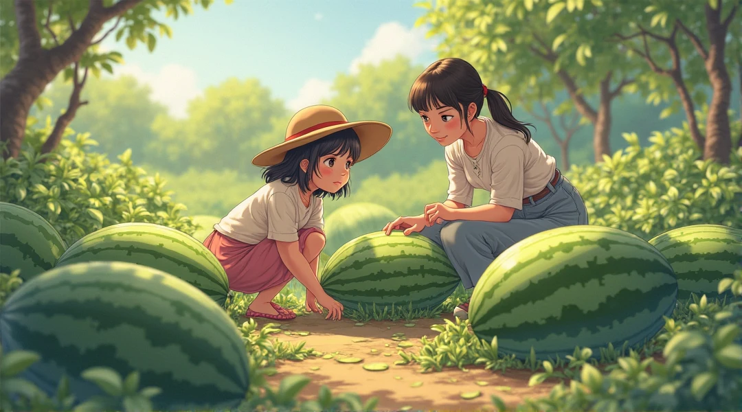 Three children,Vast fields,Harvest crops,The child holds a melon fruit ear of wheat in his hand,Illustration style,quadratic element,with beautiful colors