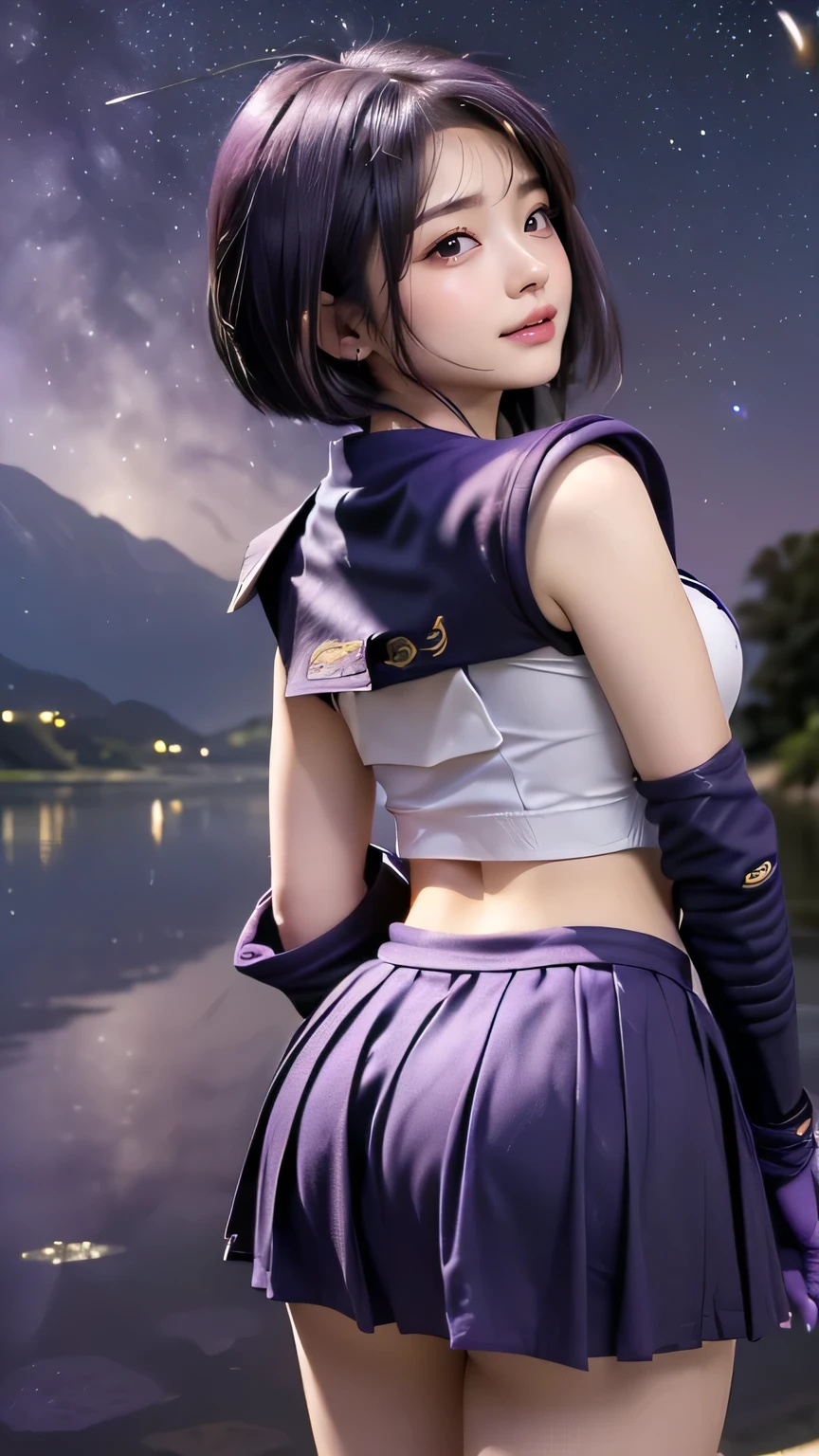 (((best quality))), ((masterpiece)), ( details), ((alone)), (((starry sky,shallow lake))),(((((( A girl in a Sailor Saturn costume )))))), (((Slender Body,:1.4,big breasts,big butt,Tight Thighs))), (( camel toe ,Camel hoof)),(( Glowing Skin , white skin)),Mysterious Light, (((( angles that capture your entire face and body )))), ((( well-groomed face ))), ((big eyes)), ((((((dull eyes)))))), ((((close your eyes)))), (( View from the back of the )), ((((Accurate Anatomy)))), perfect makeup , eyeshadow, with earring cup , necklace , ((( Dynamic Sexy Poses ))),(((HotaruTomoe, (sailor Saturn , purple hair, short hair, elbow gloves, neck ribbon, bangs, long hair, circlet,purple pleated skirt)))),
