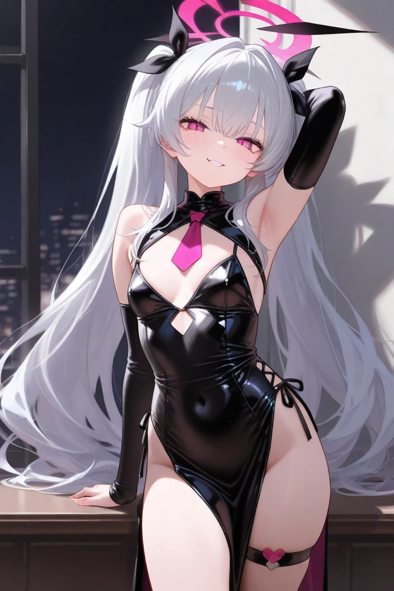 NSFW、long grey hair, pink eyes, Sweating, Tsundere, He was cold, small breasts, kiss with boy, white thighhighs, armpit