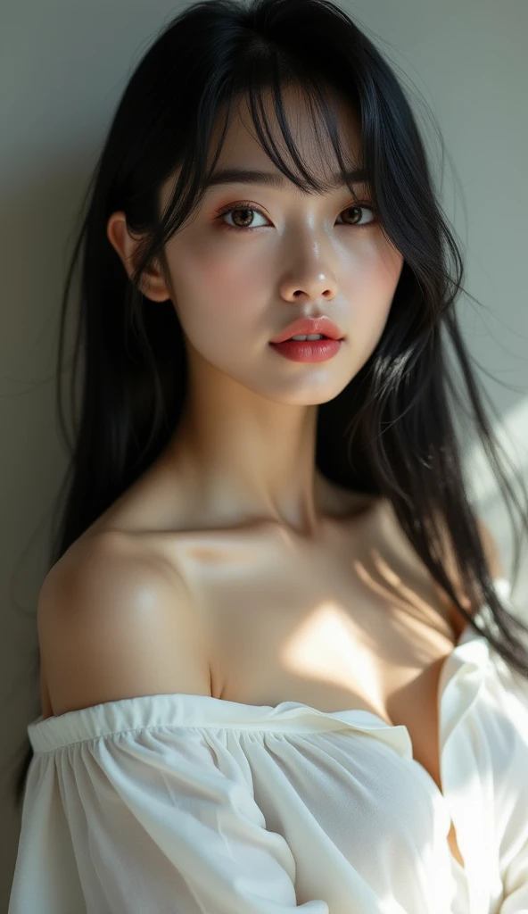 a Korean girl, age 19, Solo, long straight hair, black hair, very beautiful, Looking at Viewer, , Bare shoulders, Brown eyes, Full body, Cleavage, Sweater, Realistic, Sexy, home background