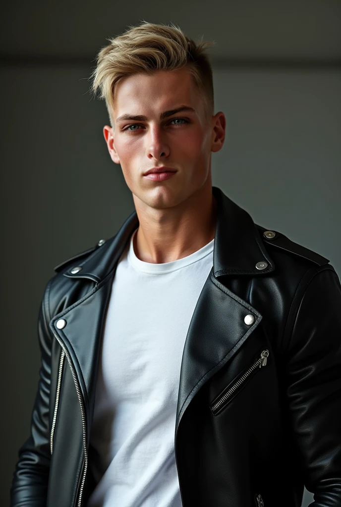 Handsome man with short hair. Blond. Black eyes. Nice smile. Sexy look.  Hyper-detailed. Photorealistic. 8K. (high quality :1.4)