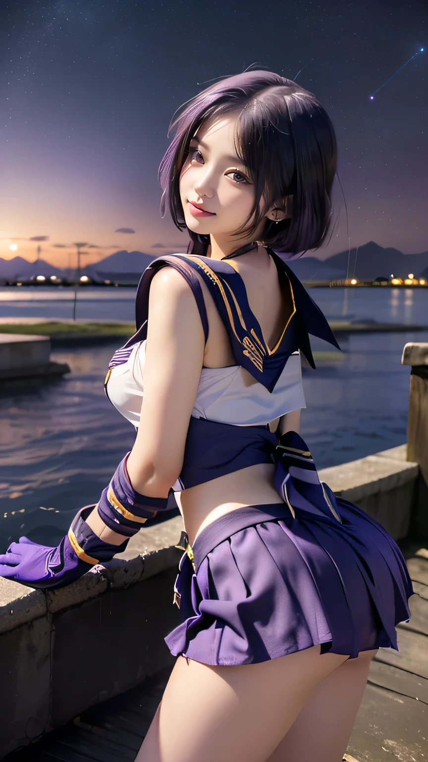 (((best quality))), ((masterpiece)), ( details), ((alone)), (((starry sky,shallow lake))),(((((( A girl in a Sailor Saturn costume )))))), (((Slender Body,:1.4,big breasts,big butt,Tight Thighs))), (( camel toe ,Camel hoof)),(( Glowing Skin , white skin)),Mysterious Light, (((( angles that capture your entire face and body )))), ((( well-groomed face ))), ((big eyes)), ((((((dull eyes)))))), ((((close your eyes)))), (( View from the back of the ,angle from the front,Watch Viewers )), ((((Accurate Anatomy)))), perfect makeup , eyeshadow, with earring cup , necklace , ((( Dynamic Sexy Poses ))),(((HotaruTomoe, (sailor Saturn , purple hair, short hair, elbow gloves, neck ribbon, bangs, long hair, circlet,purple pleated skirt)))),